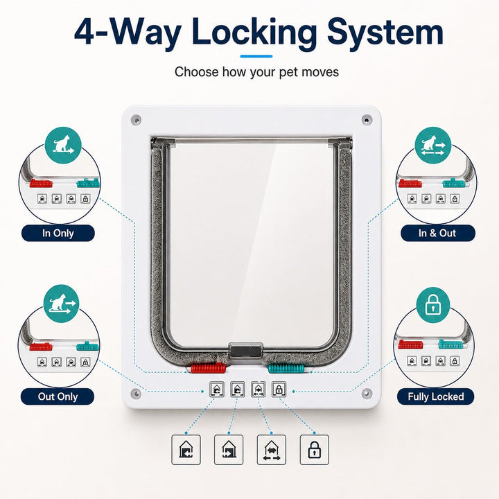 4-Way Locking Cat Door for Interior Doors & Litter Box Cabinets