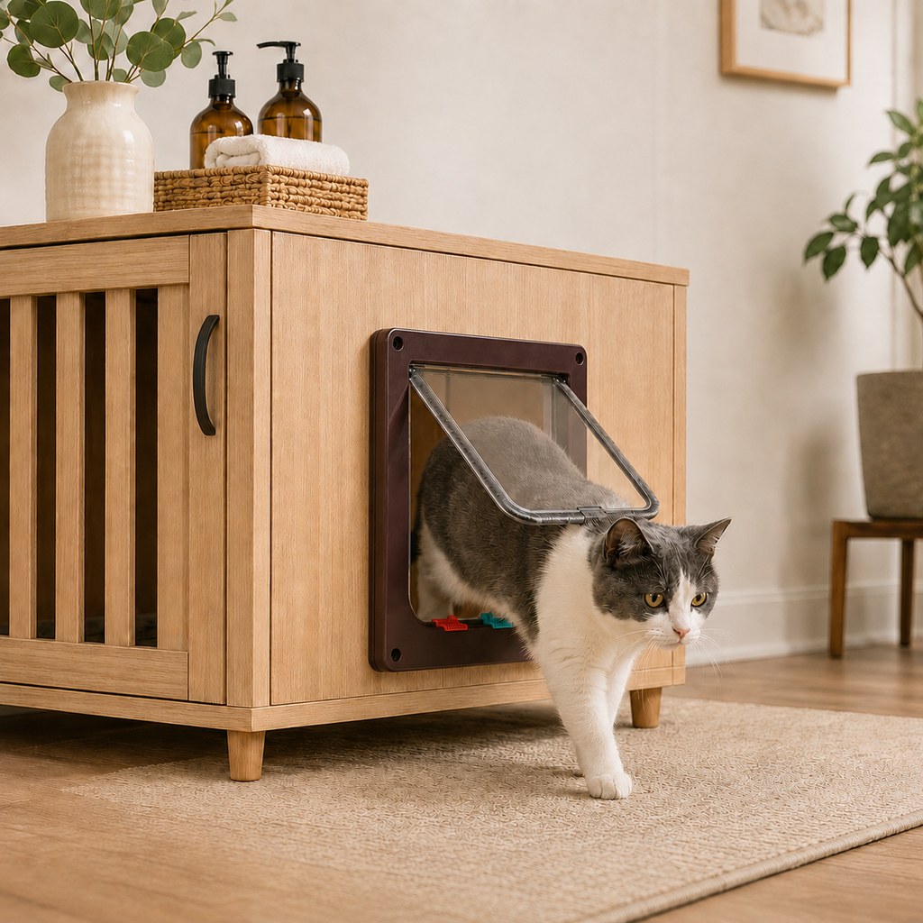 4-Way Locking Cat Door for Interior Doors & Litter Box Cabinets
