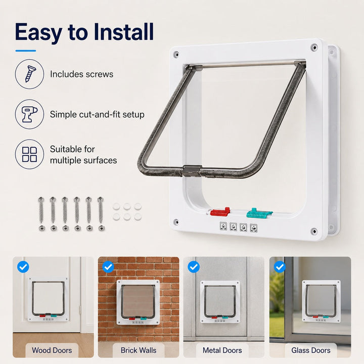 4-Way Locking Cat Door for Interior Doors & Litter Box Cabinets