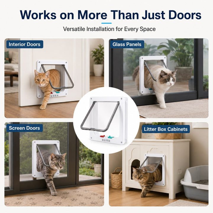 4-Way Locking Cat Door for Interior Doors & Litter Box Cabinets