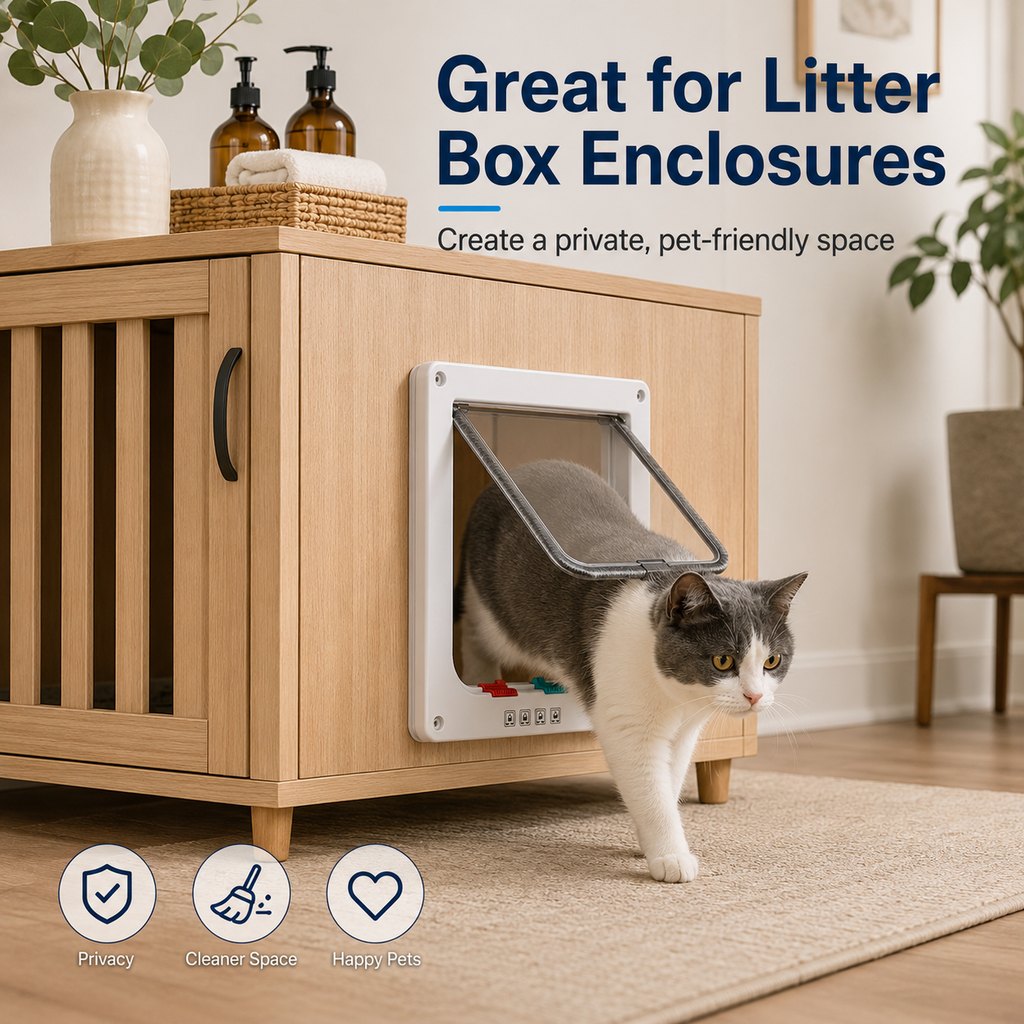 4-Way Locking Cat Door for Interior Doors & Litter Box Cabinets