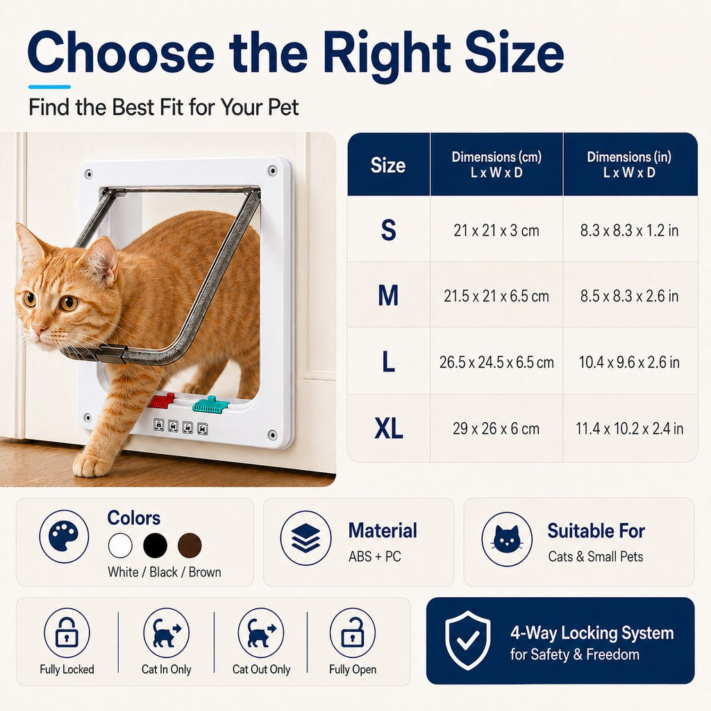 4-Way Locking Cat Door for Interior Doors & Litter Box Cabinets