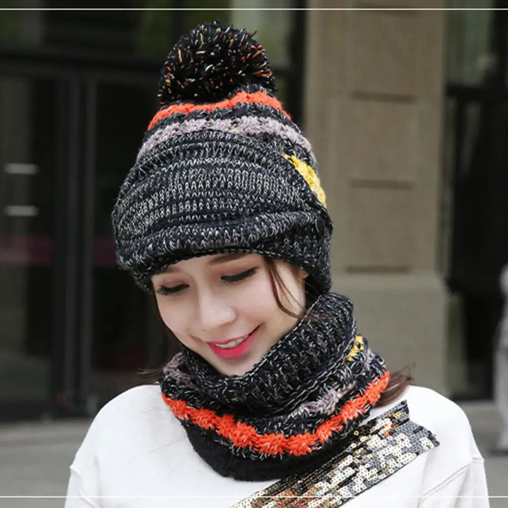 Cosy Knitted Hat Scarf Set with Velvet Lining