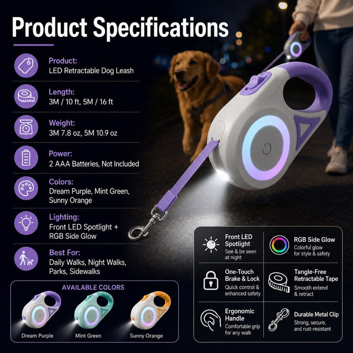 LED Retractable Dog Leash for Night Walks
