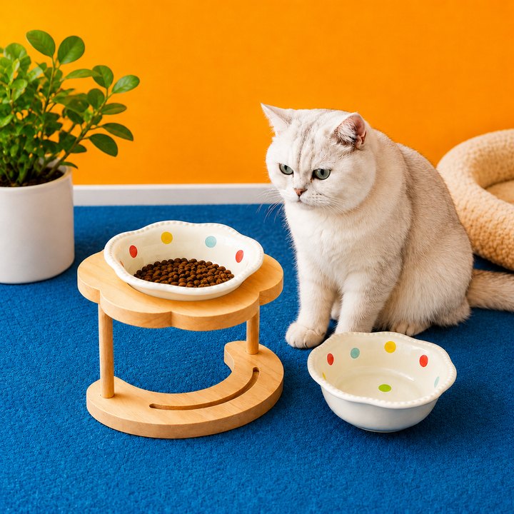 Elevated Ceramic Pet Bowl with Wooden Stand for Cats & Small Dogs