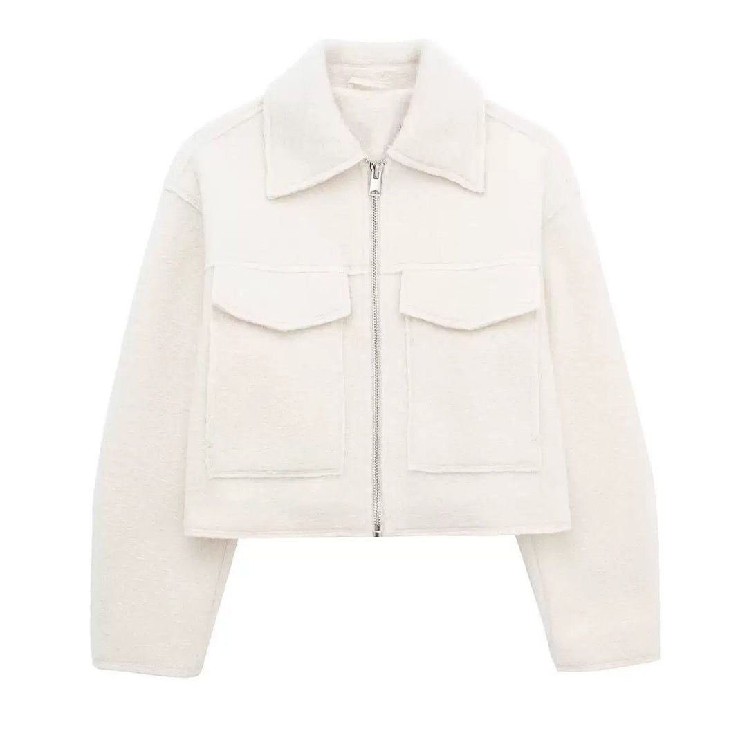 Women's Faux-Fur Trim Cropped Teddy Coat for Autumn and Winter in White