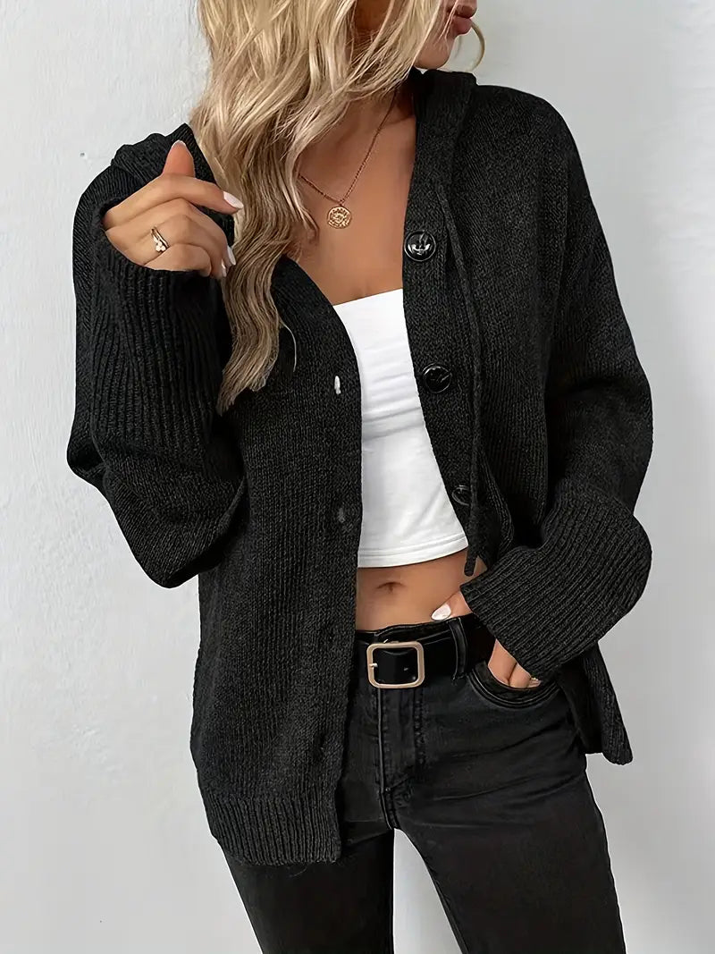 Hooded Button-Front Cardigan for Women in Black