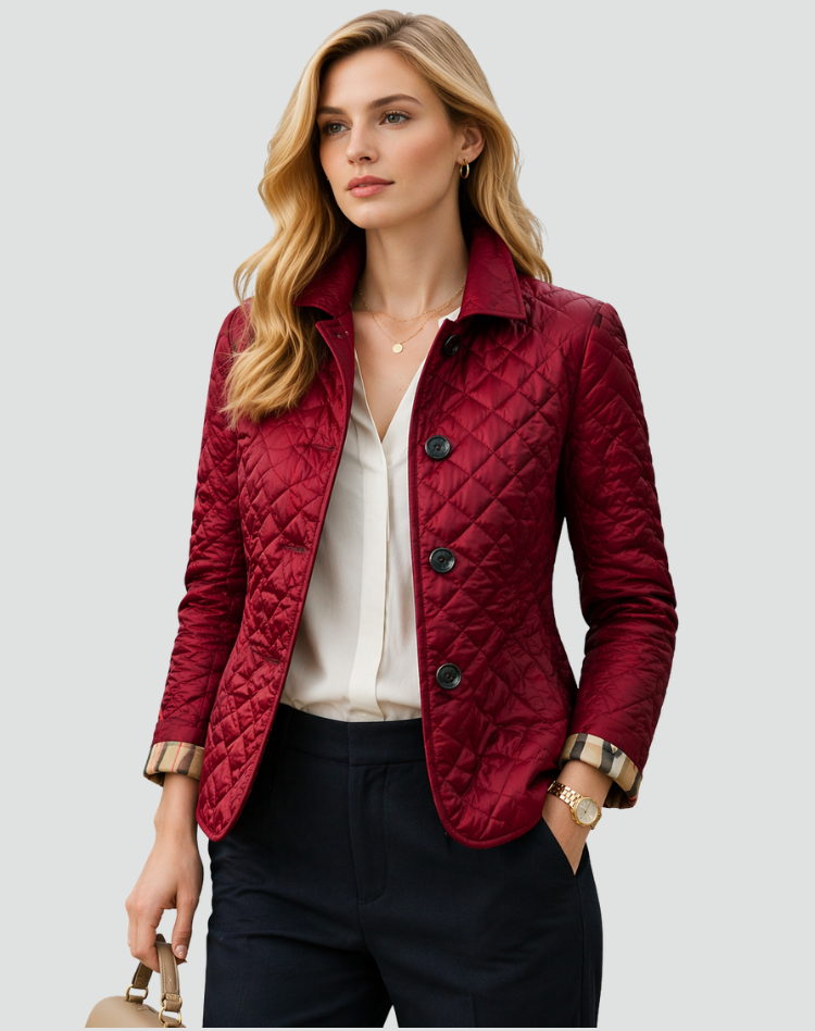 Women's Button-Front Padded Jacket for Layering in Wine Red