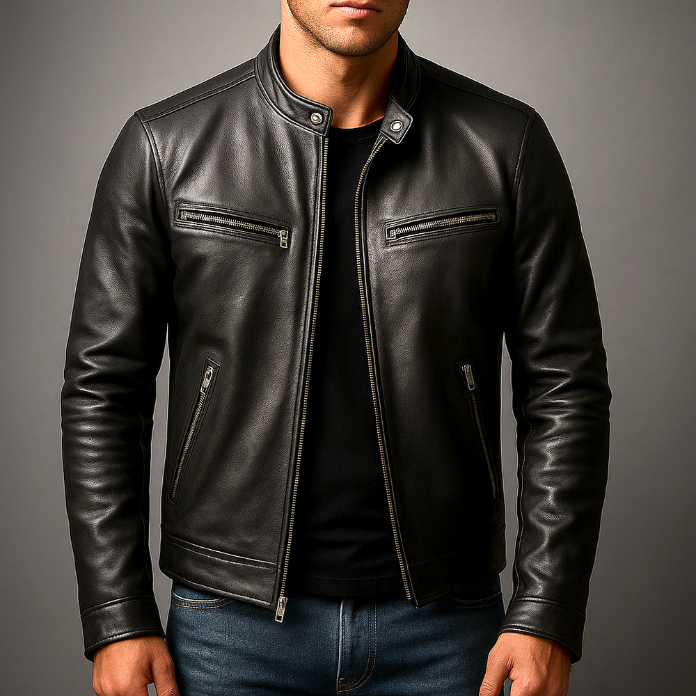 Zip-Through Lined Leather-Look Jacket for Men in Black