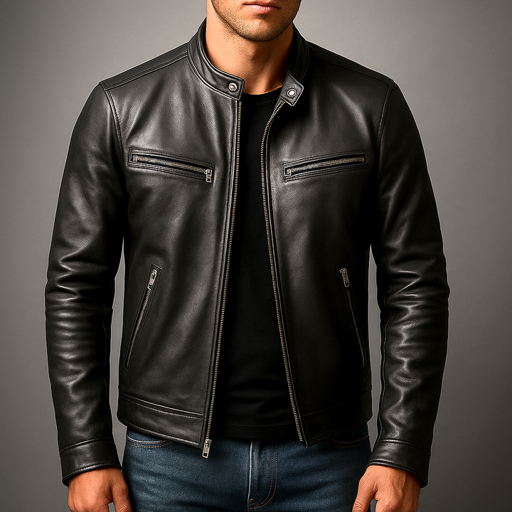 Zip-Through Lined Leather-Look Jacket for Men in Black