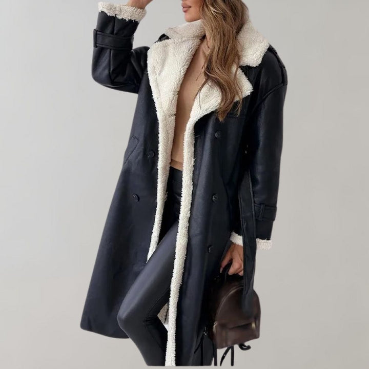 Belted Long Winter Coat for Women with Sherpa Collar (5)