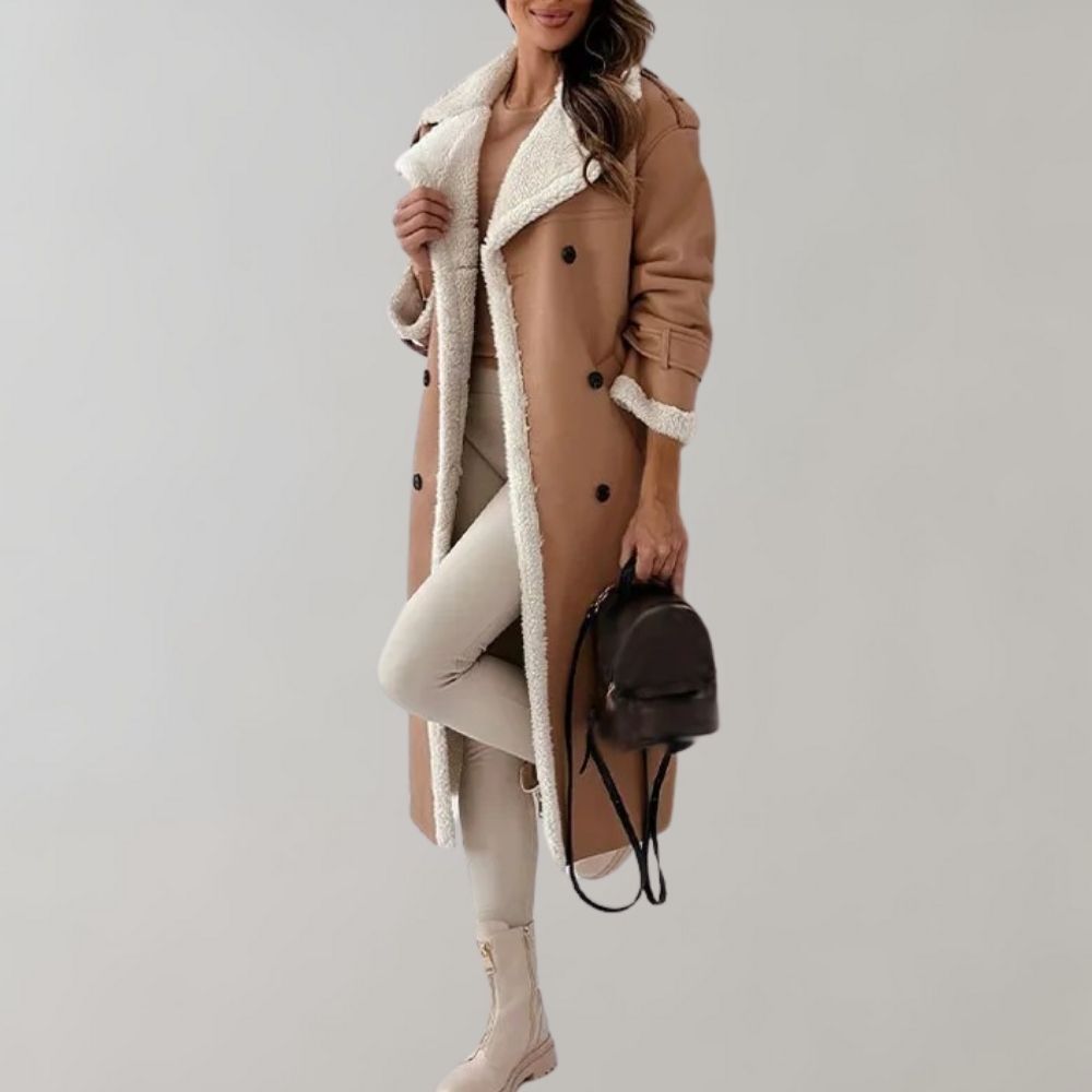 Belted Long Winter Coat for Women with Sherpa Collar (7)