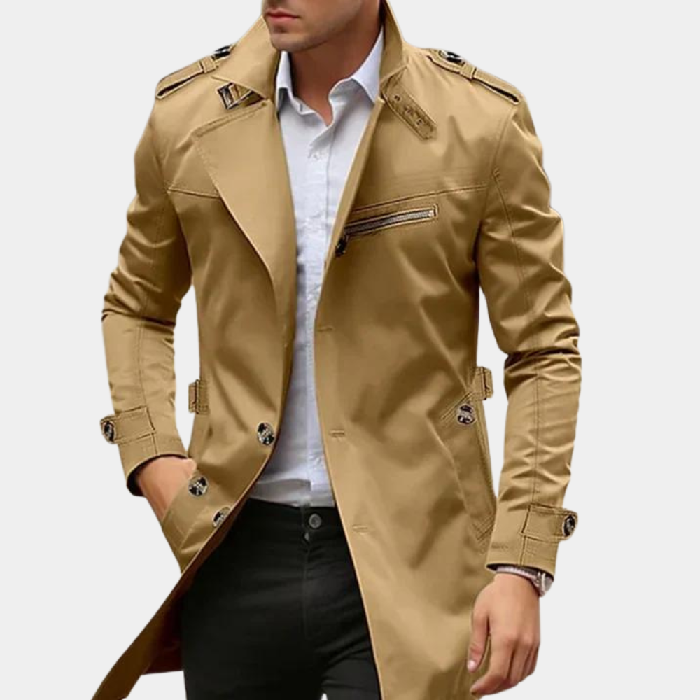 Men's Formal Long Trench Coat with Front Buttons