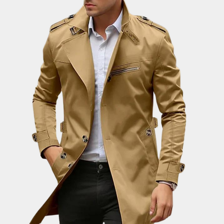 Men's Formal Long Trench Coat with Front Buttons
