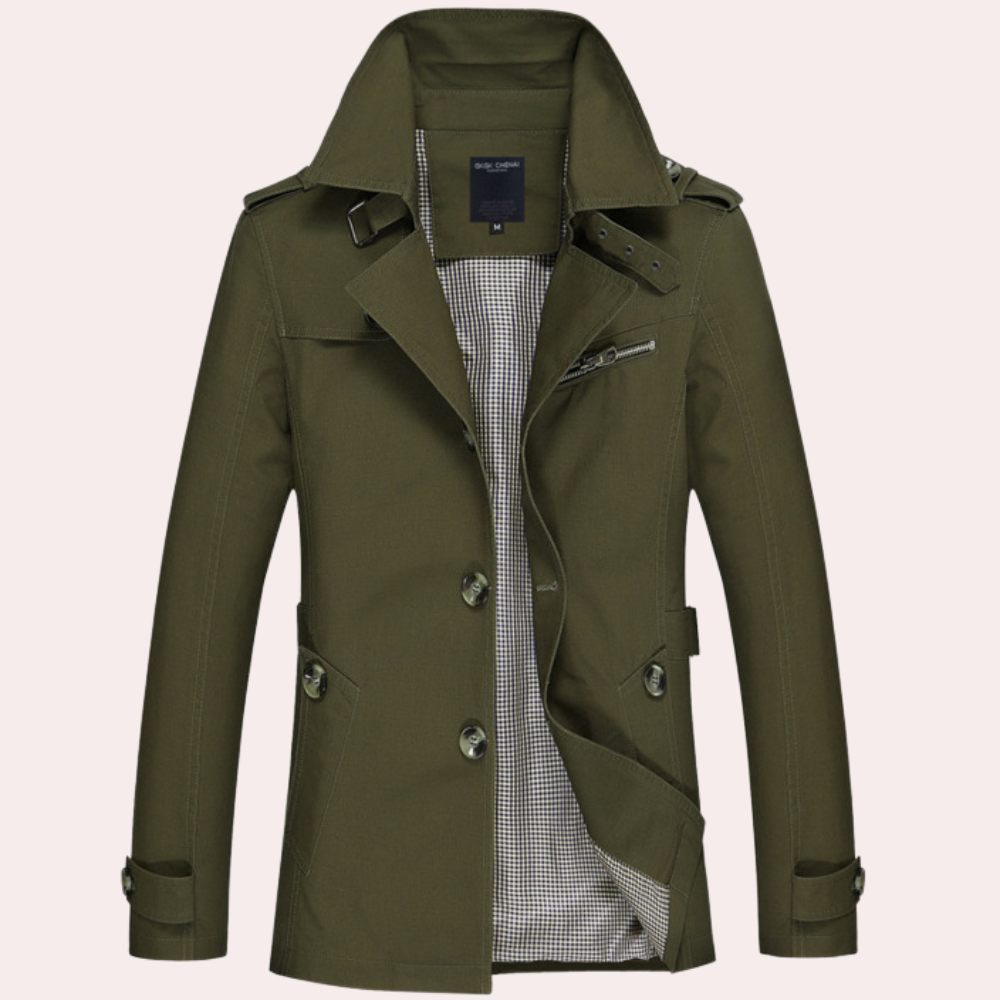 Men's Formal Long Trench Coat with Front Buttons