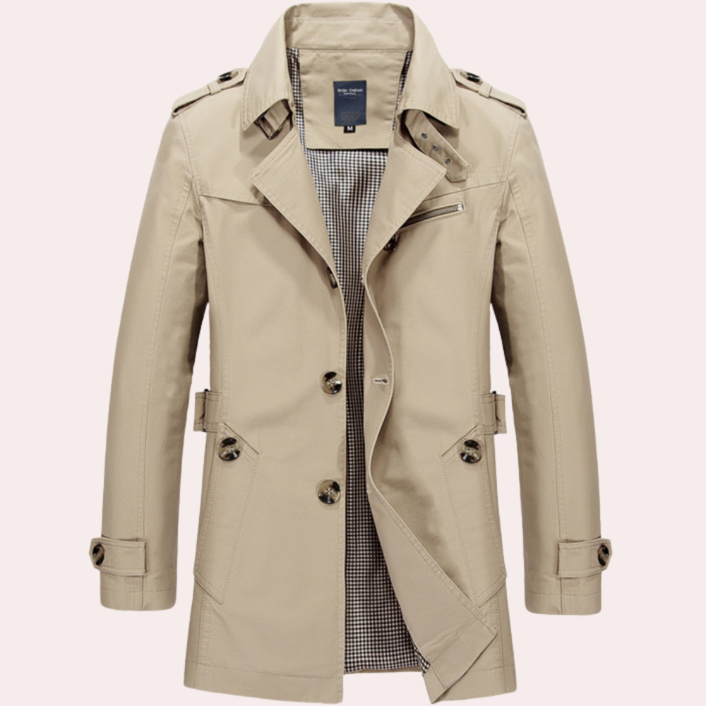 Men's Formal Long Trench Coat with Front Buttons