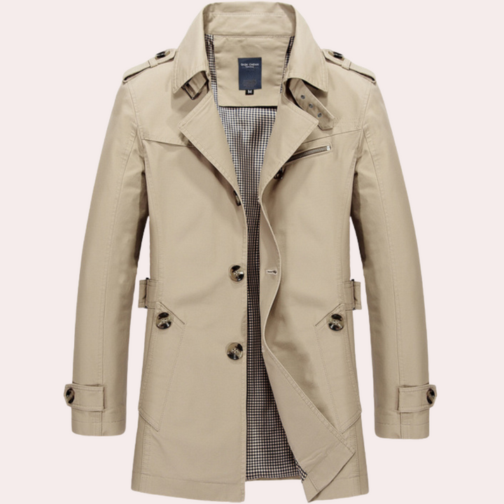 Men's Formal Long Trench Coat with Front Buttons