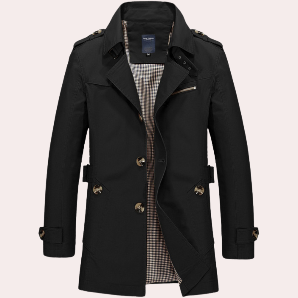 Men's Formal Long Trench Coat with Front Buttons