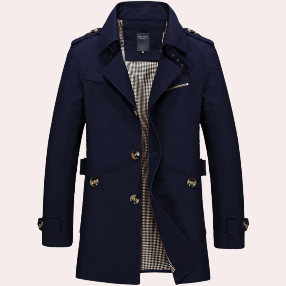 Men's Formal Long Trench Coat with Front Buttons