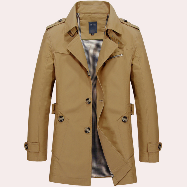 Men's Formal Long Trench Coat with Front Buttons