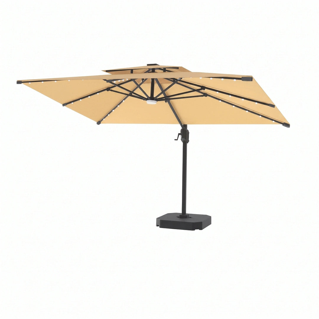 Cantilever Garden Parasol with Solar LED Lights - 360° Rotating Outdoor Umbrella 2.7 x 3.6m 0