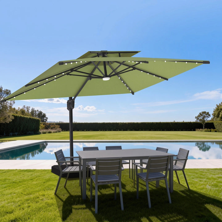 Cantilever Garden Parasol with Solar LED Lights - 360° Rotating Outdoor Umbrella 2.7 x 3.6m 1