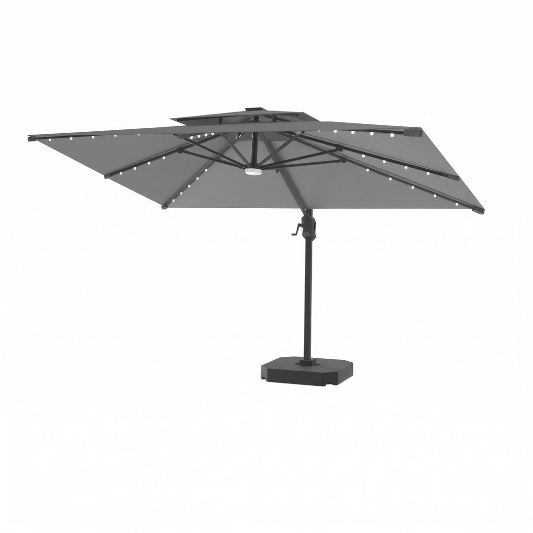 Cantilever Garden Parasol with Solar LED Lights - 360° Rotating Outdoor Umbrella 2.7 x 3.6m 12