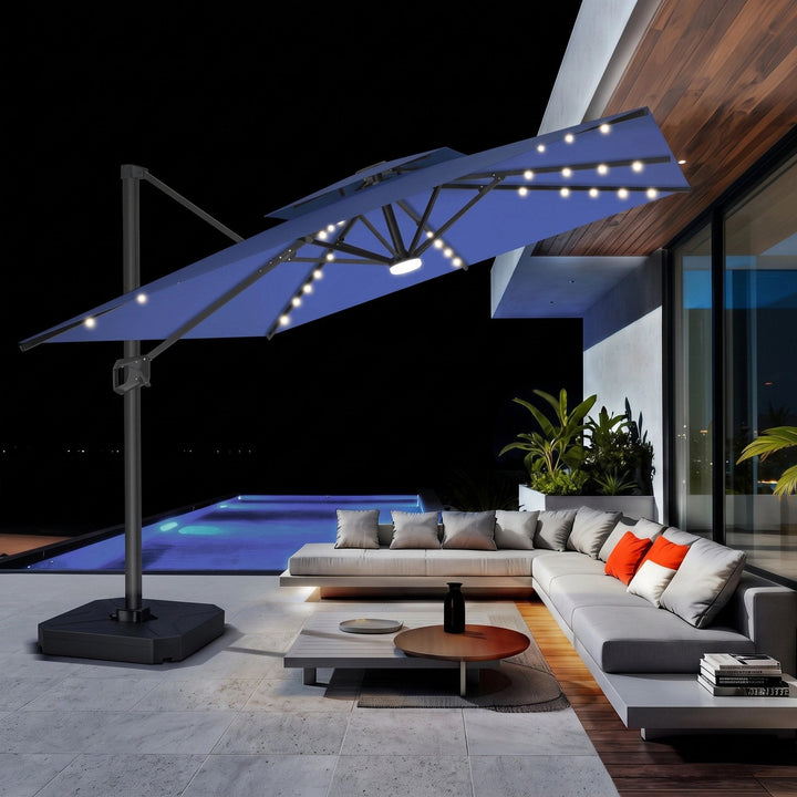 Cantilever Garden Parasol with Solar LED Lights - 360° Rotating Outdoor Umbrella 2.7 x 3.6m 3