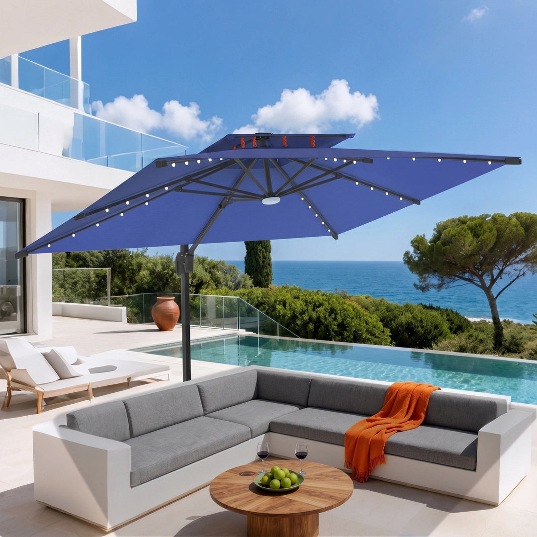 Cantilever Garden Parasol with Solar LED Lights - 360° Rotating Outdoor Umbrella 2.7 x 3.6m 5