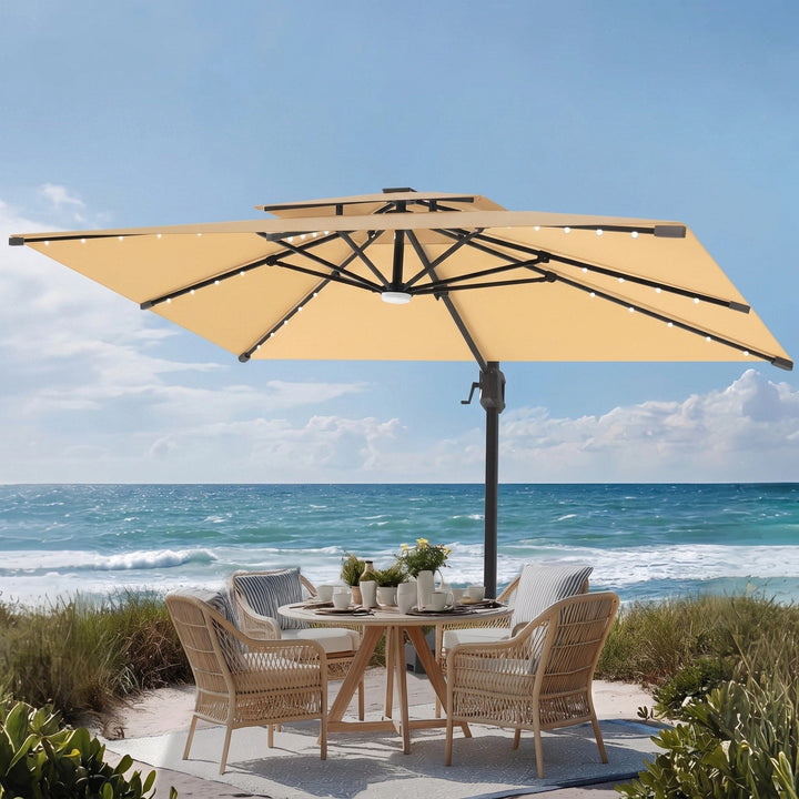 Cantilever Garden Parasol with Solar LED Lights - 360° Rotating Outdoor Umbrella 2.7 x 3.6m 6