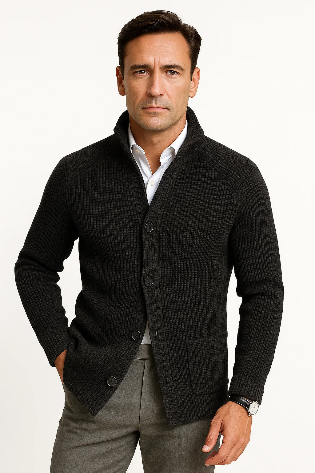 Men's Knit Wool Cardigan with Buttons, Casual Fit