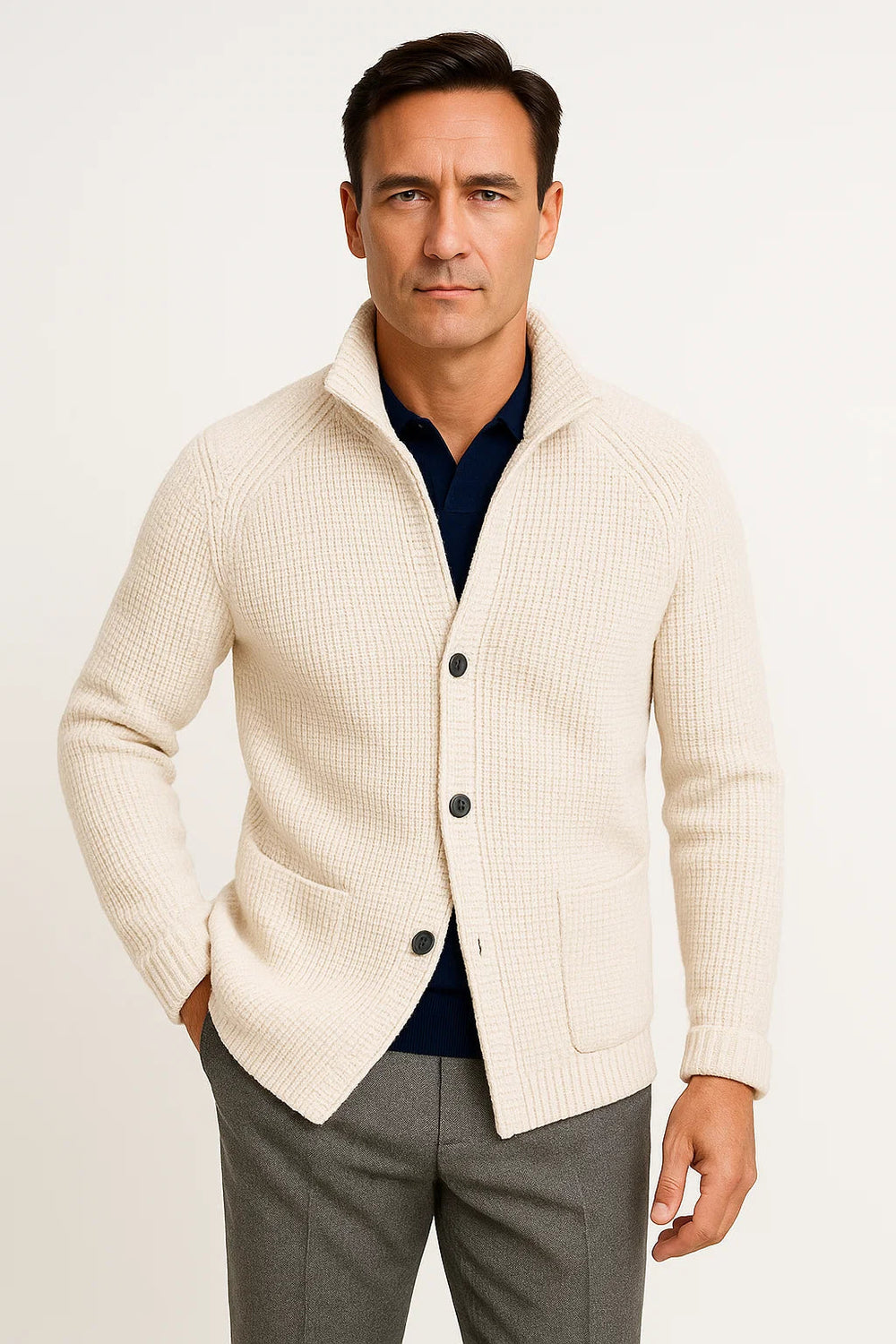 Men's Knit Wool Cardigan with Buttons, Casual Fit