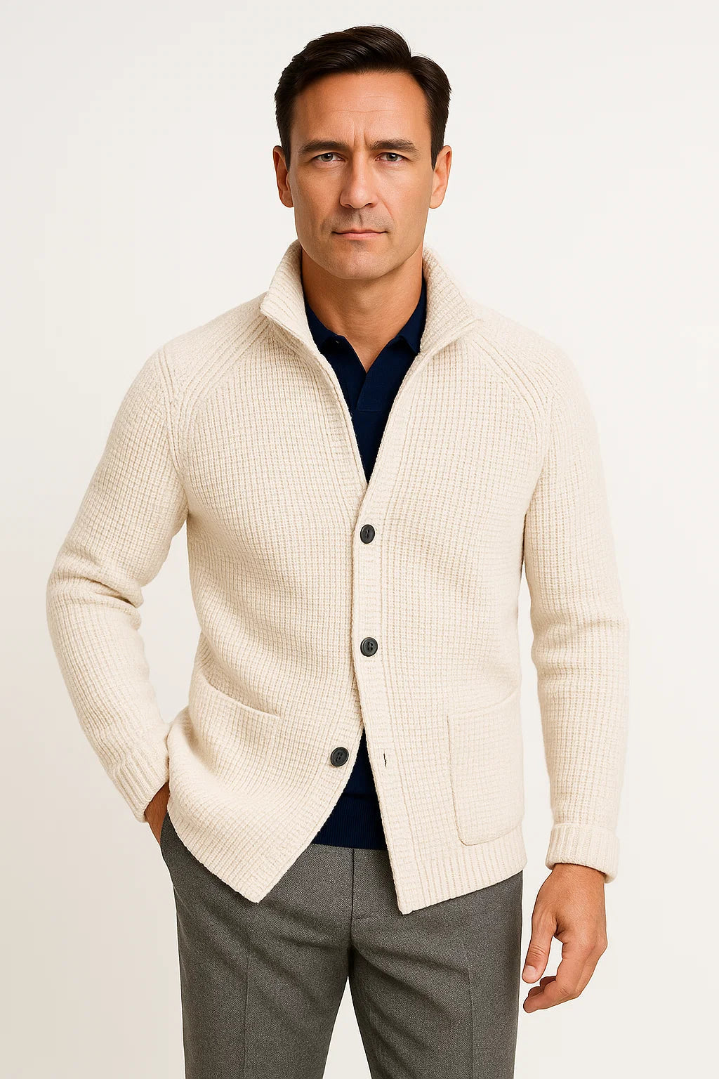 Men's Knit Wool Cardigan with Buttons, Casual Fit