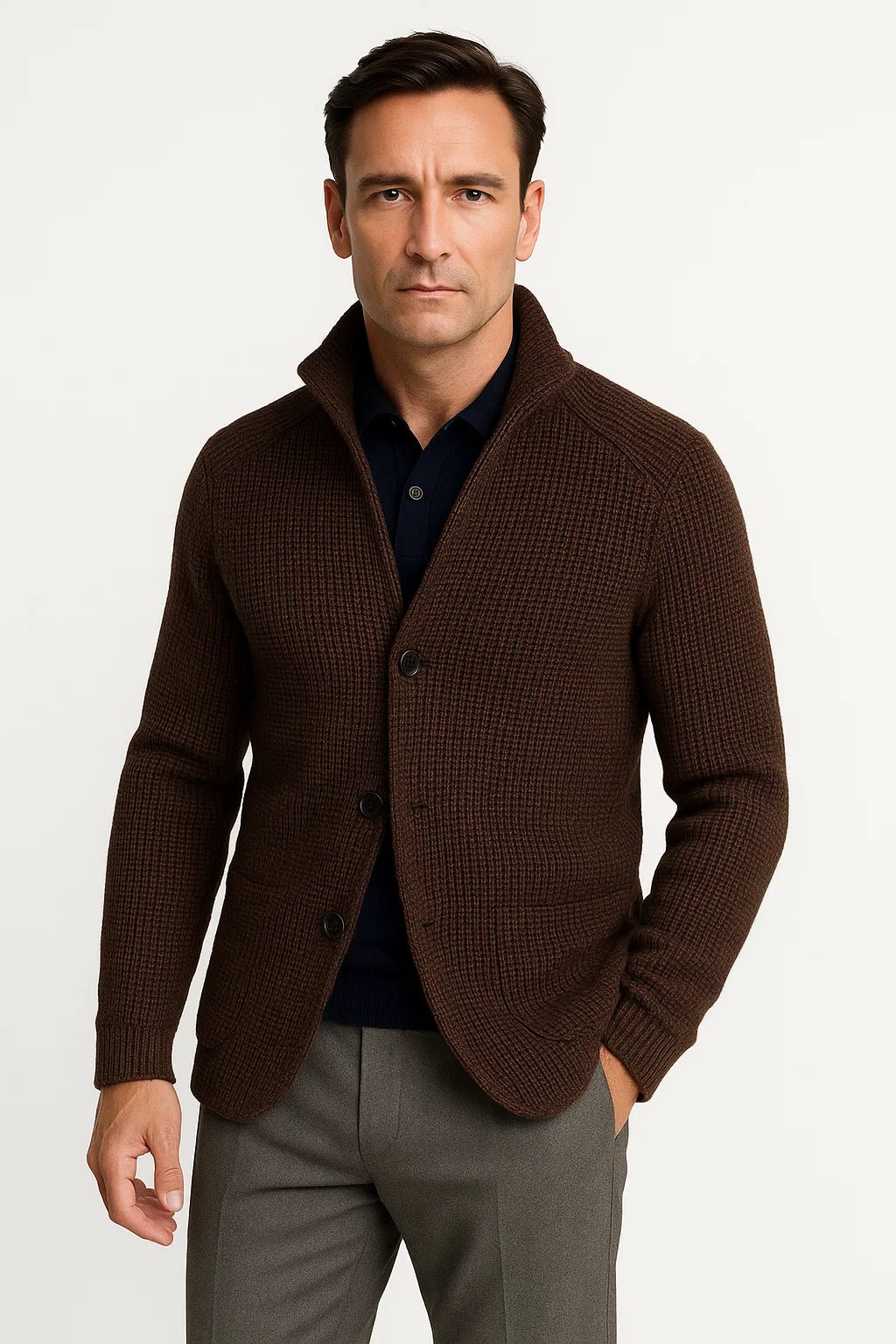 Men's Knit Wool Cardigan with Buttons, Casual Fit
