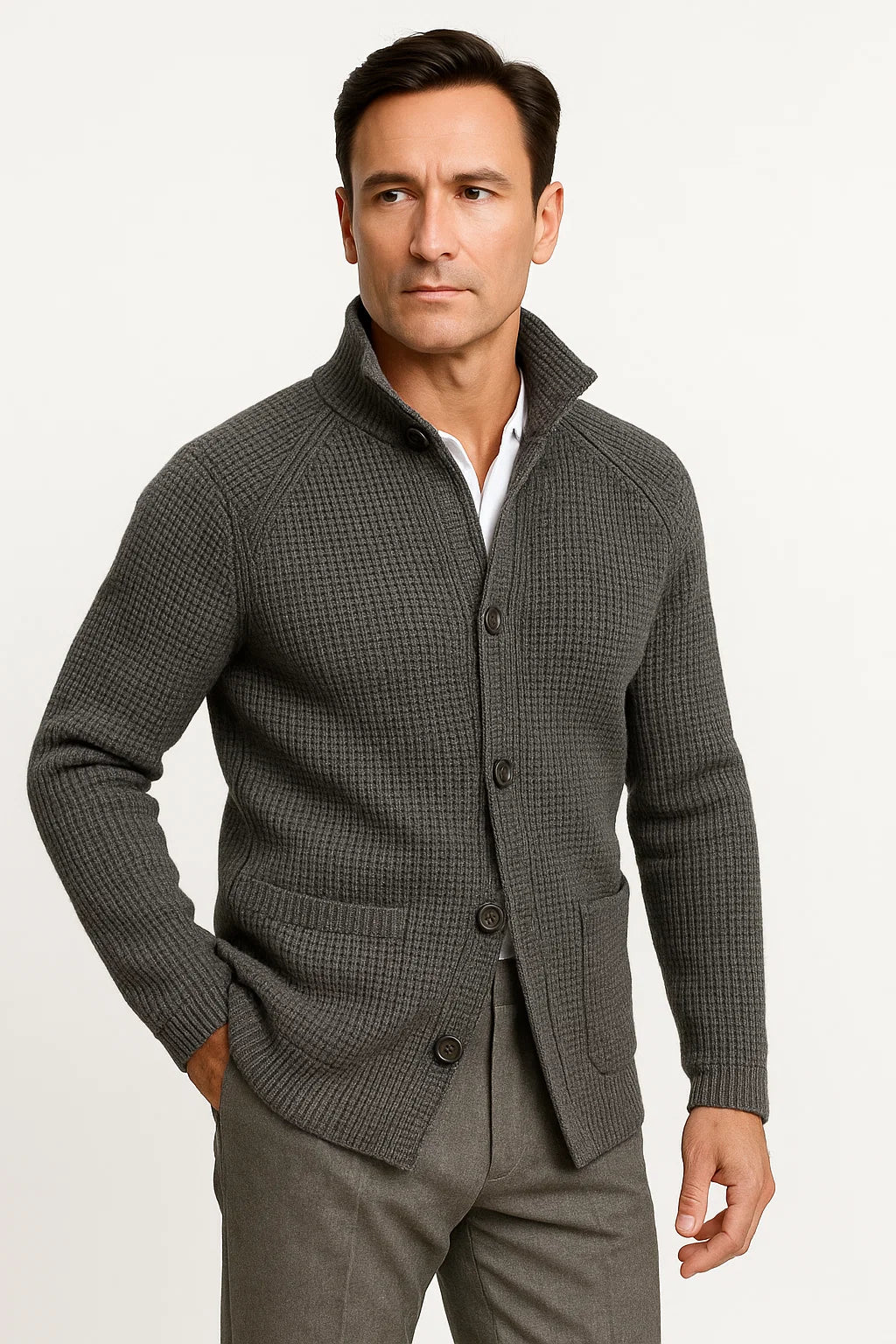 Men's Knit Wool Cardigan with Buttons, Casual Fit