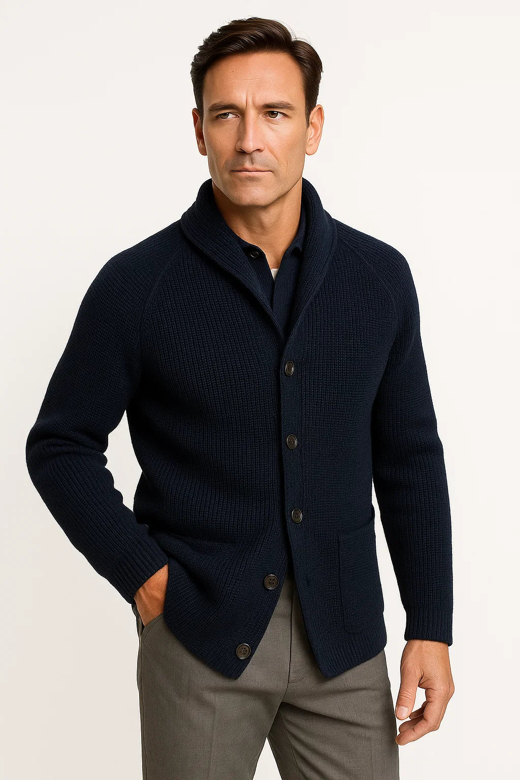 Men's Knit Wool Cardigan with Buttons, Casual Fit