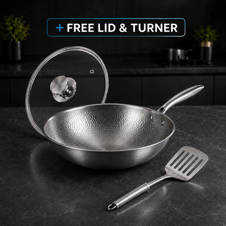 Titanium Wok | Hammered Uncoated Non-Stick Wok with Lid and Turner