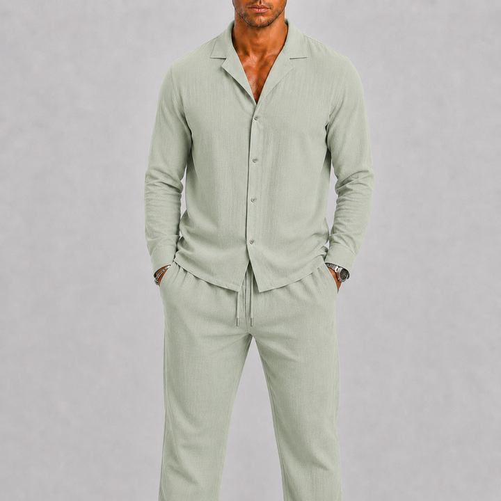 Men's Linen Set with Cuban Collar Shirt and Trousers