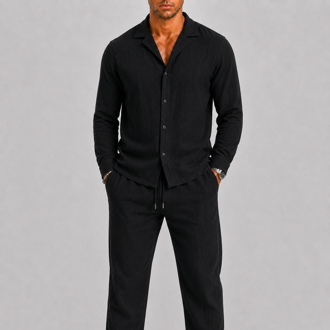 Men's Linen Set with Cuban Collar Shirt and Trousers