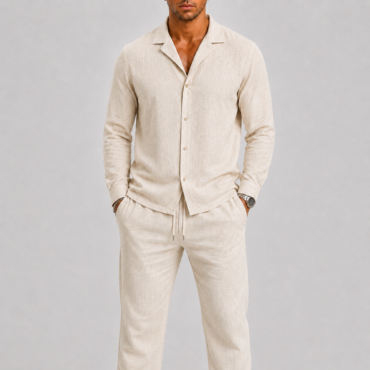 Men's Linen Set with Cuban Collar Shirt and Trousers