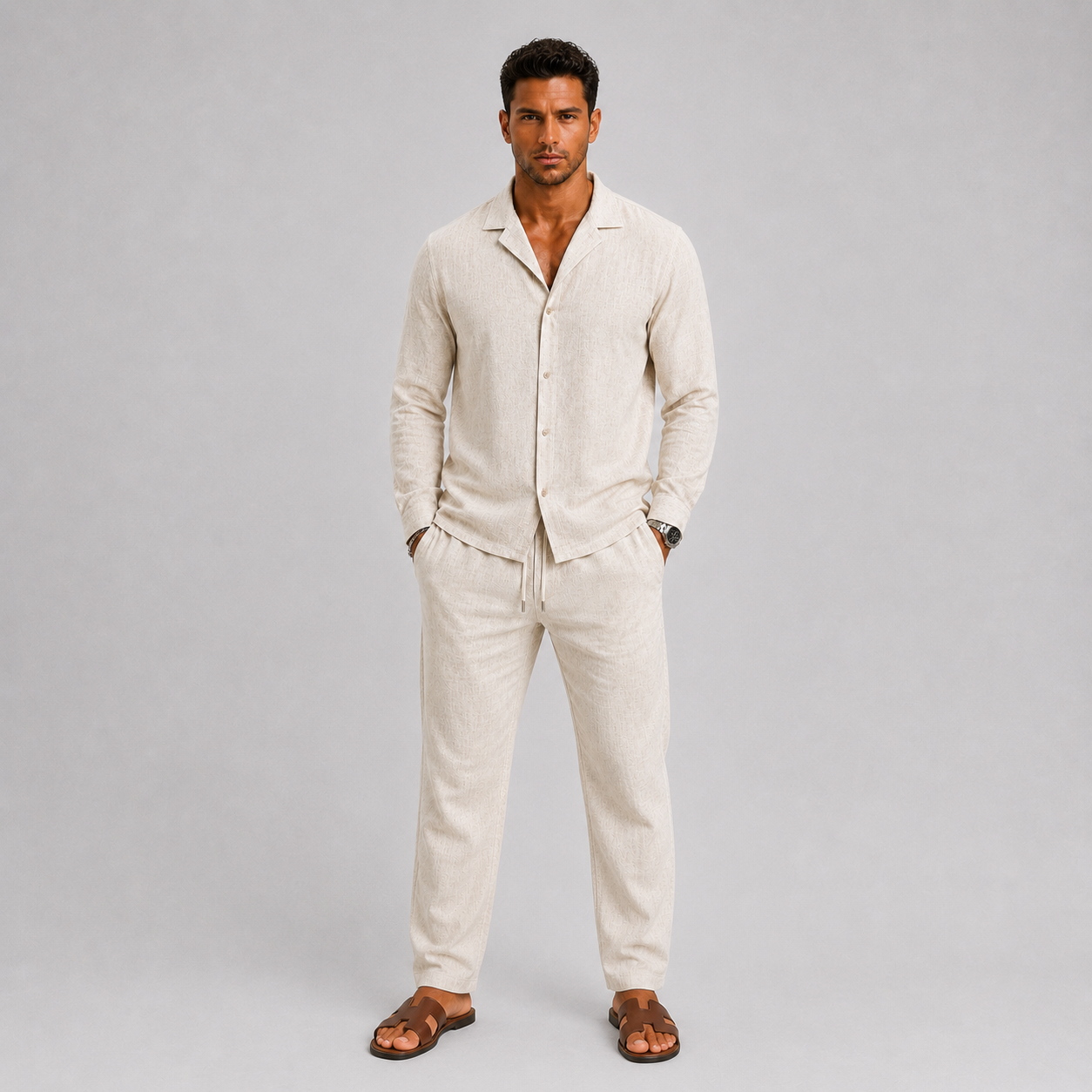 Men's Linen Set with Cuban Collar Shirt and Trousers