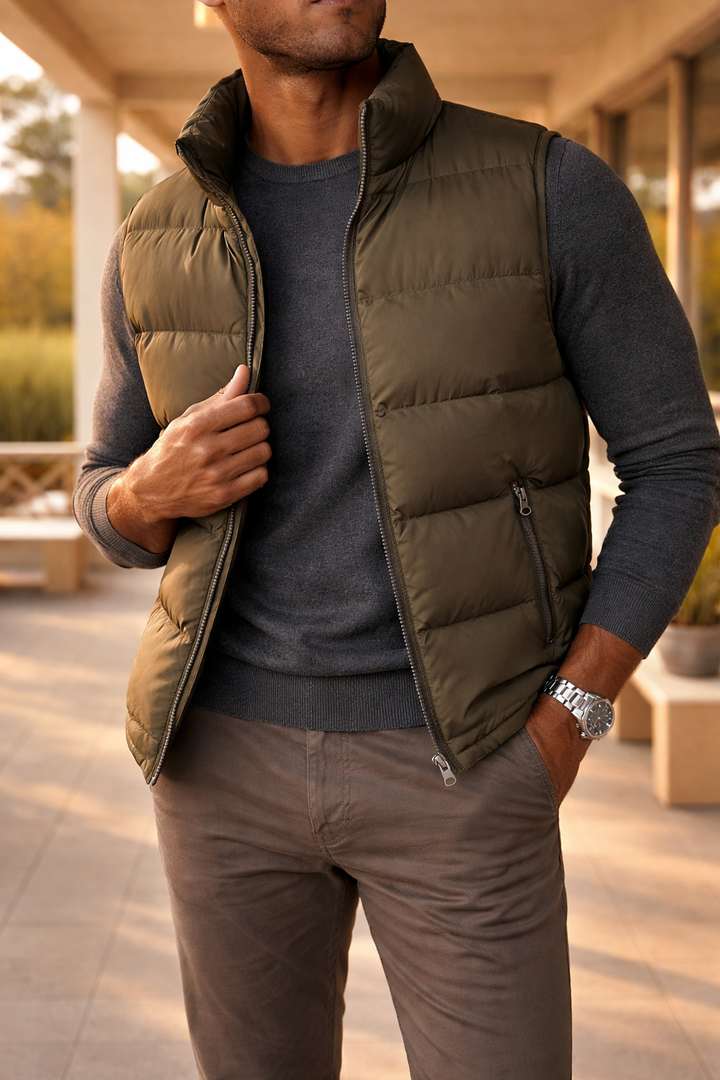 Men's Zip-Through Padded Gilet for Autumn and Winter in Navy Blue in Olive Brown
