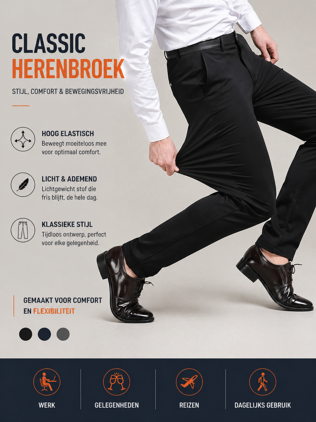 Men's Stretch Trousers with Elasticated Waist and Classic Cut
