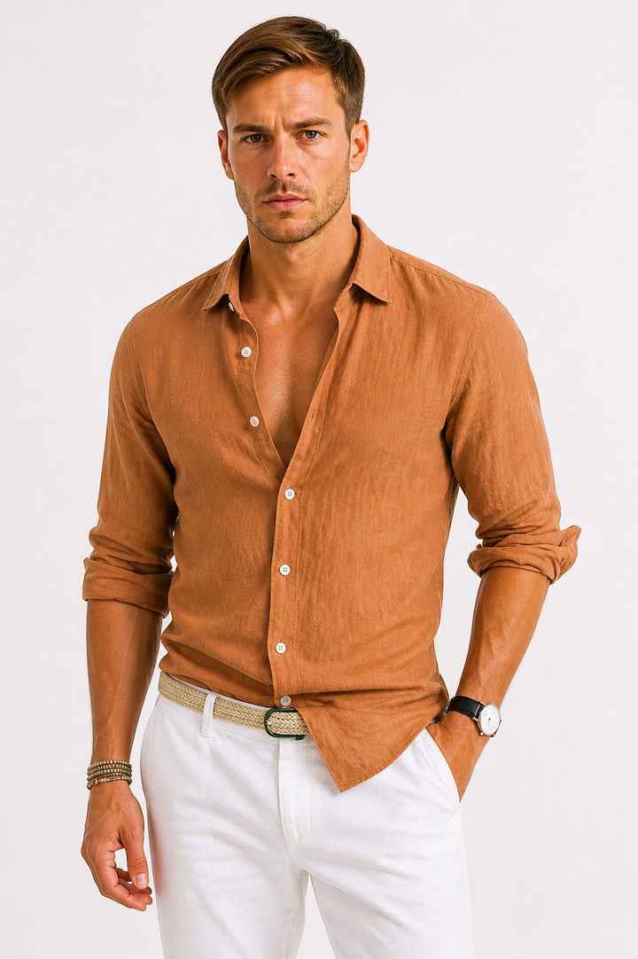 Men's Linen Shirt with Classic Collar and Slim Fit