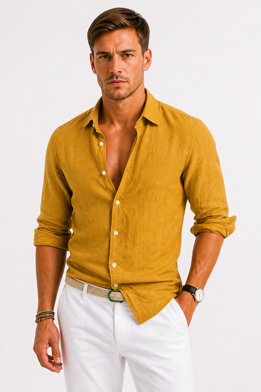 Men's Linen Shirt with Classic Collar and Slim Fit