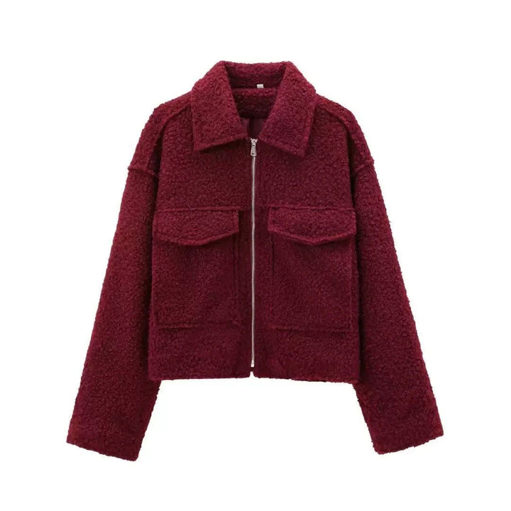 Women's Faux-Fur Trim Cropped Teddy Coat for Autumn and Winter in Burgundy