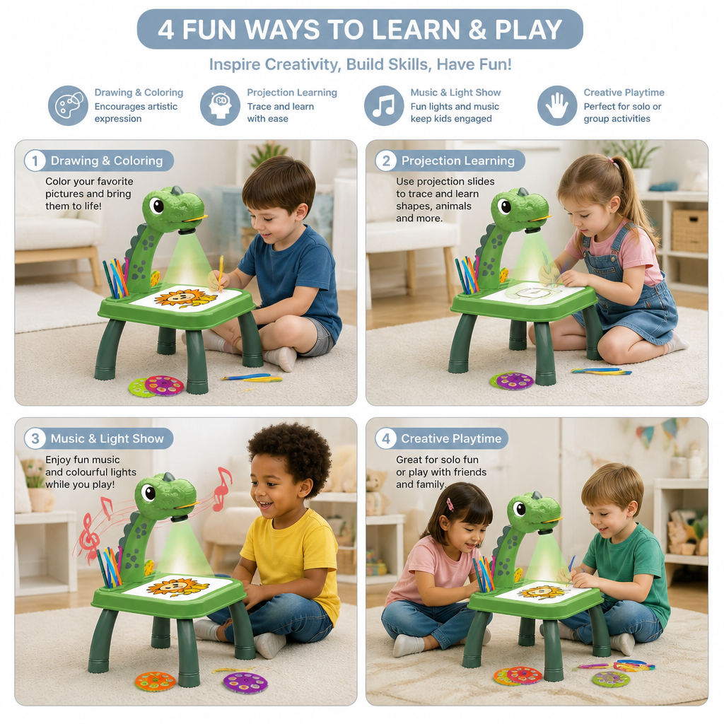 Dinosaur Projection Drawing Table for Kids with Markers and Music 4