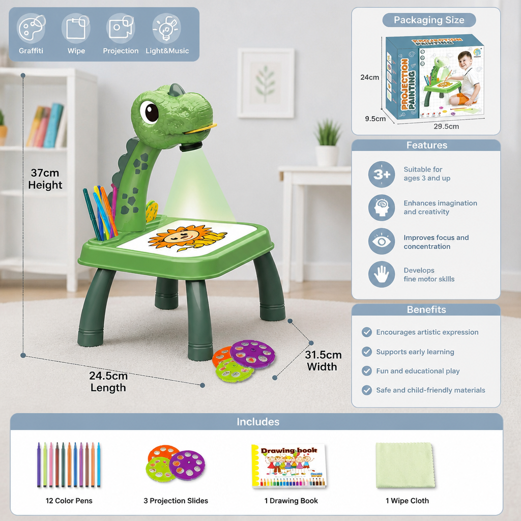 Dinosaur Projection Drawing Table for Kids with Markers and Music 5