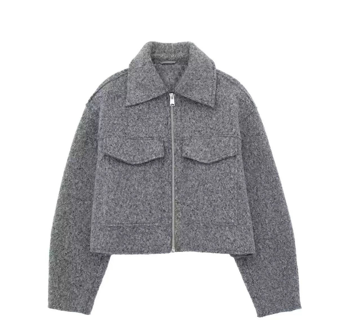 Women's Faux-Fur Trim Cropped Teddy Coat for Autumn and Winter in Grey