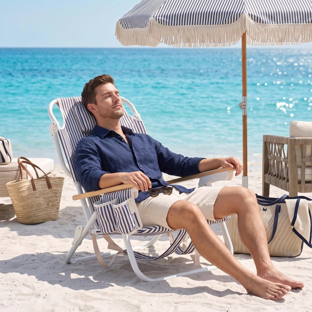 Folding Beach Chair with Cooler Pocket & Cup Holder - Portable Reclining Chair 6
